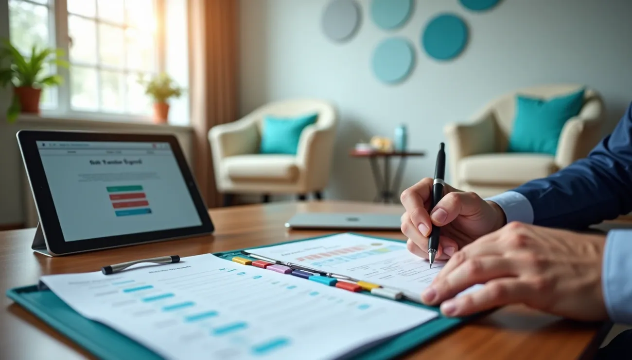 Person in office setting completing risk rating forms with a tablet and charts on a wooden desk nearby.