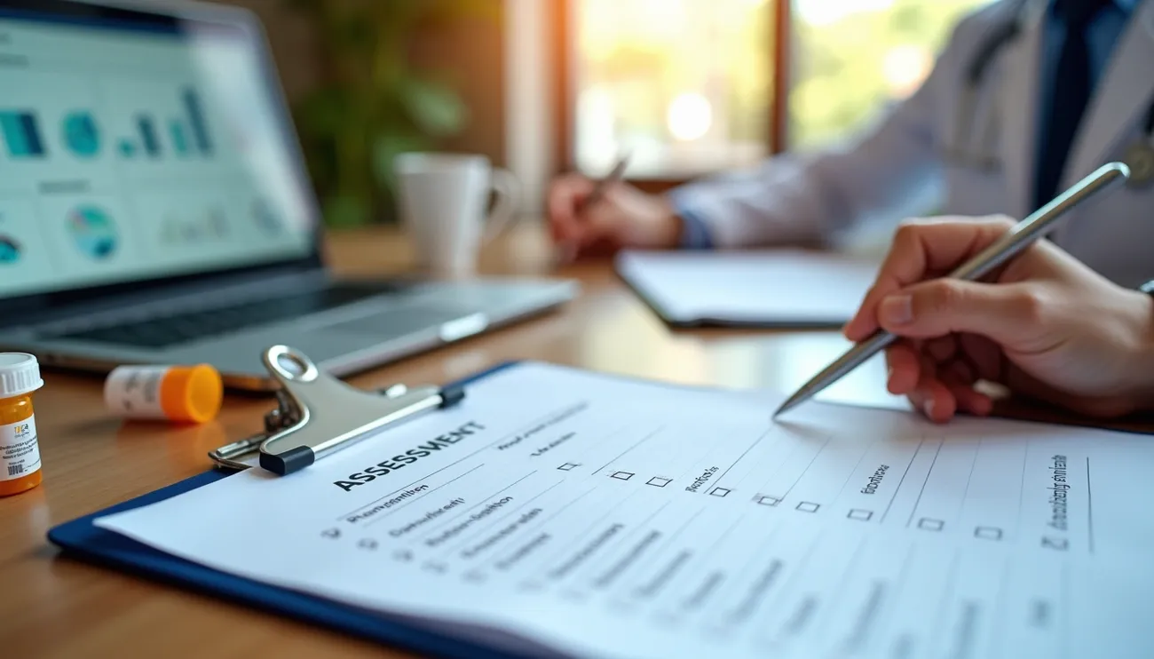 Clinician filling out an ASAM 4th Edition assessment form with a laptop and medication bottles on the desk.